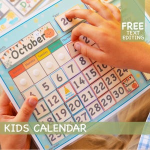 May include: A colourful kids calendar with a bright blue background and a large October title. The calendar features a pumpkin, a spider, and a birthday hat. The numbers are in colourful squares and there are white dots on the days of the week.