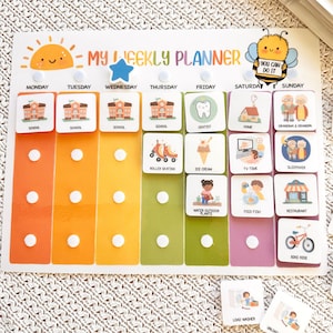 May include: A colorful weekly planner with a sun and bee graphic. The planner includes labeled days of the week and activity cards with illustrations for school, roller skating, ice cream, and more. The text "My Weekly Planner" is at the top.