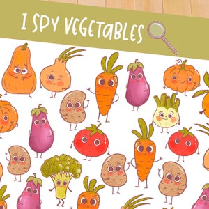 May include: A colorful illustration of various vegetables with cartoon faces. The vegetables include carrots, potatoes, pumpkins, onions, eggplant, tomatoes, and a head of broccoli. The text "I Spy Vegetables" is at the top of the image.