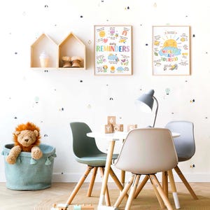 May include: A white table with two chairs and a light fixture. The table is decorated with wooden blocks that spell out "YOX". There are two framed posters on the wall behind the table. The poster on the left says "daily reminders" and the poster on the right says "ways to calm yourself".
