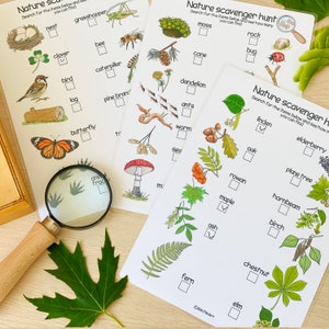 May include: A set of three printable nature scavenger hunt cards. Each card features a list of nature items to find, with illustrations of each item. The cards are designed for children to use on a nature walk.