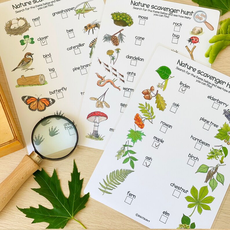 May include: A set of three printable nature scavenger hunt cards. Each card features a list of nature items to find, with illustrations of each item. The cards are designed for children to use on a nature walk.