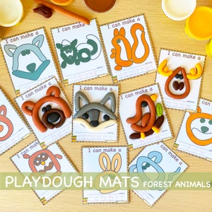 Cartões visuais de tapetes doh de animais da floresta, atividades para crianças de massinha imprimível, materiais montessori para educação em casa, jardim de infância e pré-escola