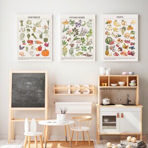 May include: A playroom with a chalkboard easel, a toy kitchen, and three educational posters. The posters are labeled "Vegetables", "Kitchen Herbs", and "Fruits". Each poster features a colorful illustration of different types of produce.