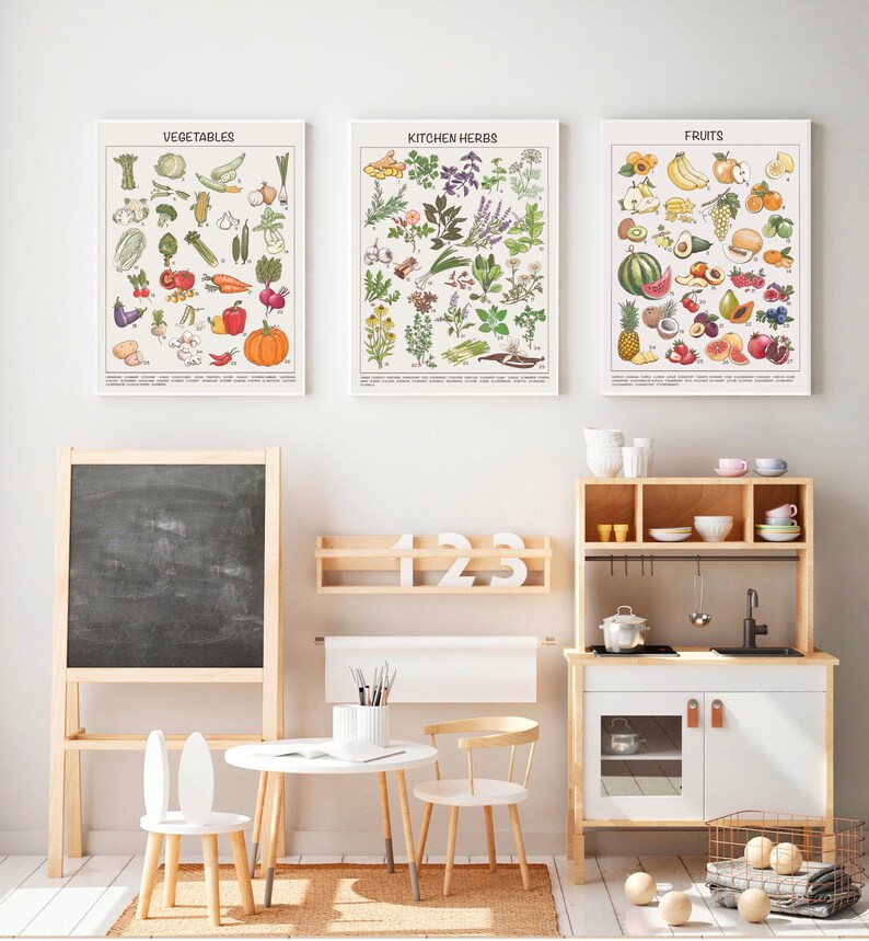 May include: A playroom with a chalkboard easel, a toy kitchen, and three educational posters. The posters are labeled "Vegetables", "Kitchen Herbs", and "Fruits". Each poster features a colorful illustration of different types of produce.
