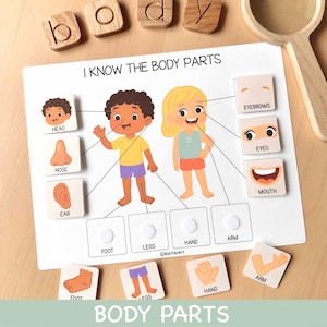 以下が含まれることがあります： 「I KNOW THE BODY PARTS」と「BODY PARTS」の文字が入った、教育用の木製パズルゲーム。体の部分のイラストと、それに合わせた木製のタイルが特徴です。男の子と女の子のイラストが含まれています。