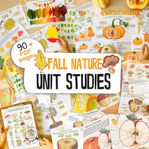 Könnte beinhalten: Eine Sammlung von über 90 PDF-Seiten mit dem Titel Fall Nature Unit Studies, die pädagogische Arbeitsblätter zu Blättern, Kürbissen, Pilzen, Bäumen und Äpfeln enthält. Die Seiten umfassen farbige Illustrationen, Diagramme und Beschriftungen.