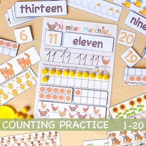 Number Matching Activity 1 to 20 Montessori Counting Practice Preschool Printables Pre-K Toddler Worksheets Homeschool Learning Resources