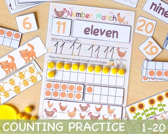 Number Matching Activity 1 to 20 Montessori Counting Practice Preschool Printables Pre-K Toddler Worksheets Homeschool Learning Resources