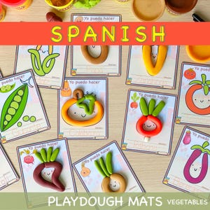 Tappetini di pasta modellabile con verdure spagnole, abilità motorie fini, carte di pasta modellabile, materiali stampabili per la scuola materna, bambini piccoli, Montessori, scuola materna, apprendimento prescolare