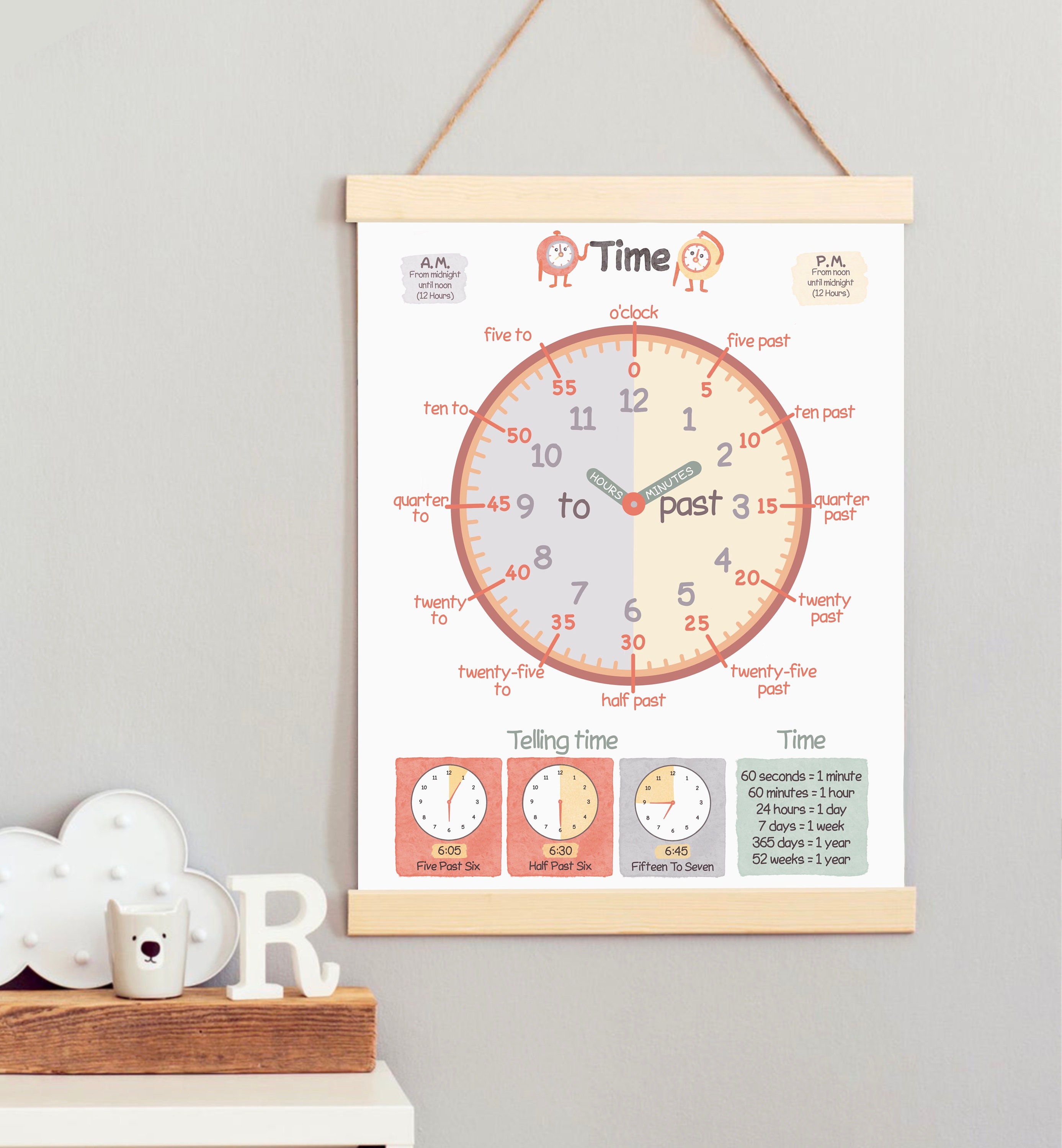 1pc Spanish Language Non-woven Time Education Poster,hd Printed Oil  Painting Cloth Material Kindergarten Wall Art ,children's Early Education  Learning Time Clock Chart