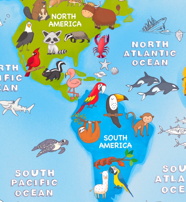 May include: A colorful world map with illustrations of animals from different continents. The map includes North America, South America, North Atlantic Ocean, South Pacific Ocean, and South Atlantic Ocean. The map is on a blue background.