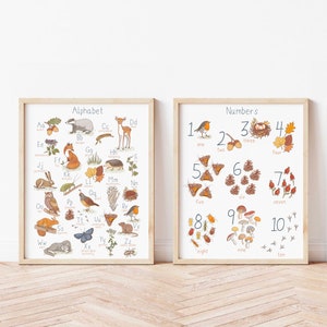 Ensemble de 2 impressions Woodland Alphabet Affiche Woodland Numbers Poster Fall Décor imprimable Aquarelle Salle de jeux Impressions Chambre d’enfants Décor Montessori