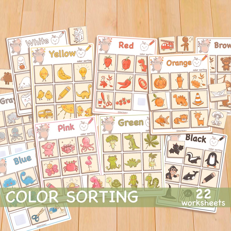 Puede incluir: Un conjunto de 22 hojas de trabajo de clasificaci&oacute;n de colores con varios animales y objetos de dibujos animados. Cada hoja de trabajo tiene un tema de color diferente, como blanco, amarillo, rosa, rojo, naranja, verde, azul y negro. Las hojas de trabajo est&aacute;n dise&ntilde;adas para que los ni&ntilde;os aprendan sobre los colores y la clasificaci&oacute;n.
