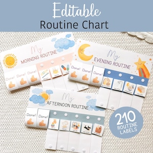 May include: Three editable routine charts labelled My Morning Routine, My Afternoon Routine, and My Evening Routine. Each chart features colourful illustrations of suns, clouds, moons, and stars, with white flaps labelled Done! and 210 routine labels.