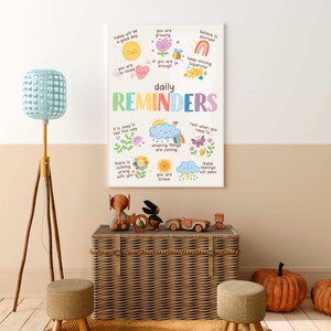 May include: A colorful poster with daily reminders for kids. The poster features illustrations of a sun, a flower, a rainbow, a cloud, a butterfly, and a heart. The text on the poster includes phrases like "Today will be a good day", "You are so loved", "You are growing", "You are enough", "Believe in yourself", "Keep shining Superstar", "It is okay to feel this way", "Amazing things are coming", "You are brave", "Rest when you need to", and "These feelings will pass".