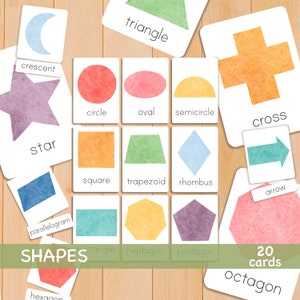 Formes Flash Cards Imprimable 2D Formes Géométriques Cartes de Nomenclature Aquarelle Flashcards pour les tout-petits Préscolaire Montessori Cartes Imprimables