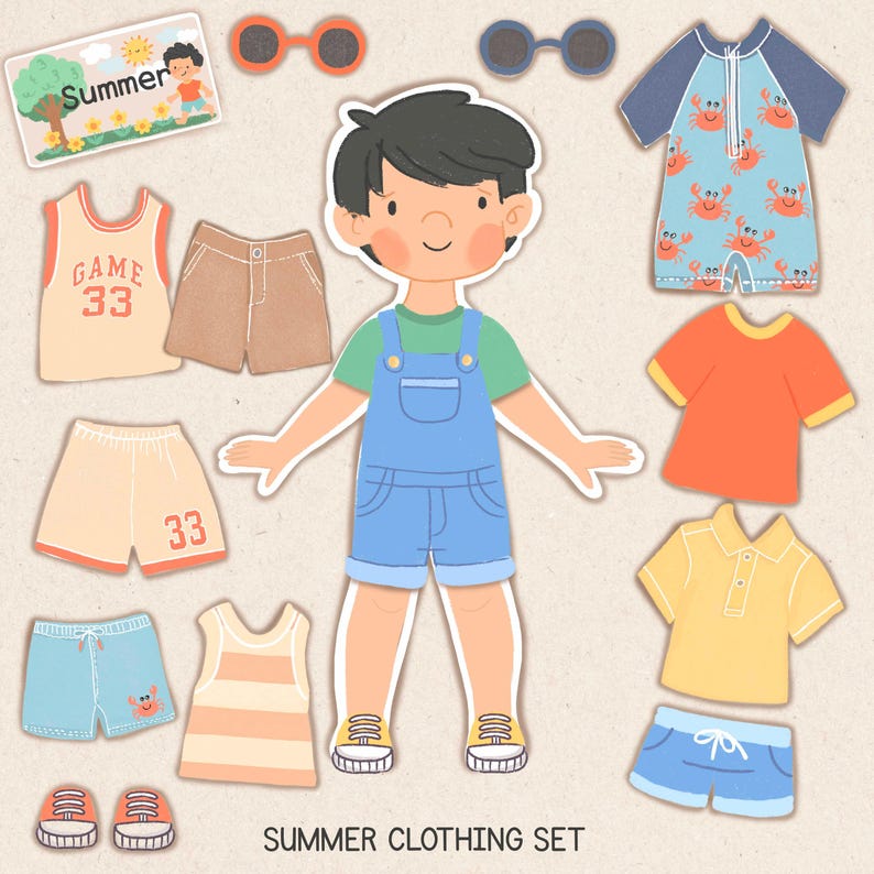 May include: A collection of illustrated summer clothing items for a child, including shorts, shirts, sunglasses, and a swimsuit. The set features a cartoon figure and the text "Summer Clothing Set".