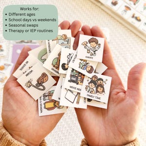 May include: A collection of small, square cards with various illustrations and text, including "Karate," "Family Time," and "Vacuum." The cards are held in open hands, with a green box in the background listing uses for different ages, school days, seasonal swaps, and therapy routines.