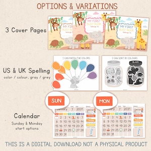 Pode incluir: Download digital de um livro de atividades com tr&ecirc;s op&ccedil;&otilde;es de capa. Inclui p&aacute;ginas de correspond&ecirc;ncia de cores, classifica&ccedil;&atilde;o e calend&aacute;rio. Apresenta op&ccedil;&otilde;es de ortografia dos EUA e do Reino Unido e calend&aacute;rios de in&iacute;cio de domingo/segunda-feira. O texto diz: "OPTIONS & VARIATIONS" e "THIS IS A DIGITAL DOWNLOAD NOT A PHYSICAL PRODUCT."