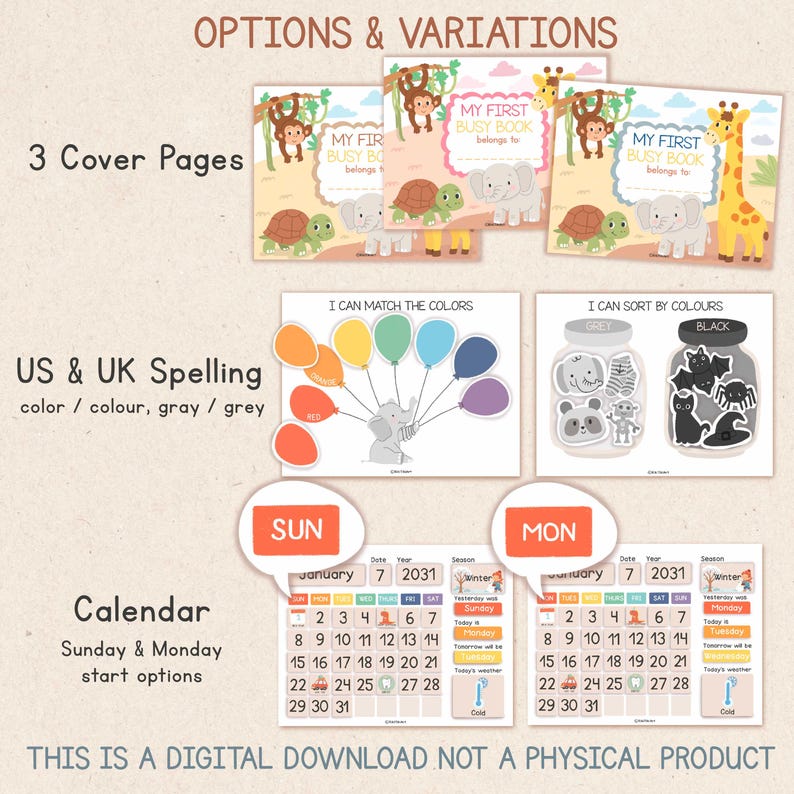 Pode incluir: Download digital de um livro de atividades com tr&ecirc;s op&ccedil;&otilde;es de capa. Inclui p&aacute;ginas de correspond&ecirc;ncia de cores, classifica&ccedil;&atilde;o e calend&aacute;rio. Apresenta op&ccedil;&otilde;es de ortografia dos EUA e do Reino Unido e calend&aacute;rios de in&iacute;cio de domingo/segunda-feira. O texto diz: "OPTIONS & VARIATIONS" e "THIS IS A DIGITAL DOWNLOAD NOT A PHYSICAL PRODUCT."