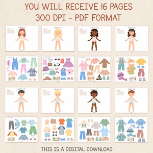 May include: Digital download of a paper doll set with various outfits. The set includes 16 pages in PDF format. The image shows paper dolls with different skin tones and a variety of clothing options for different seasons. Text on the image reads: "YOU WILL RECEIVE 16 PAGES 300 DPI - PDF FORMAT" and "THIS IS A DIGITAL DOWNLOAD."