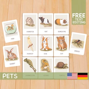 Cartões flash de materiais montessori para animais de estimação, cartões flash de materiais montessori para impressão, cartões de nomenclatura de recursos para crianças, inglês e alemão