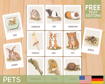 Pets Flashcards, Homeschool Montessori Materials Flash Cards, Printable Toddler Resources Nomenclature Cards English German