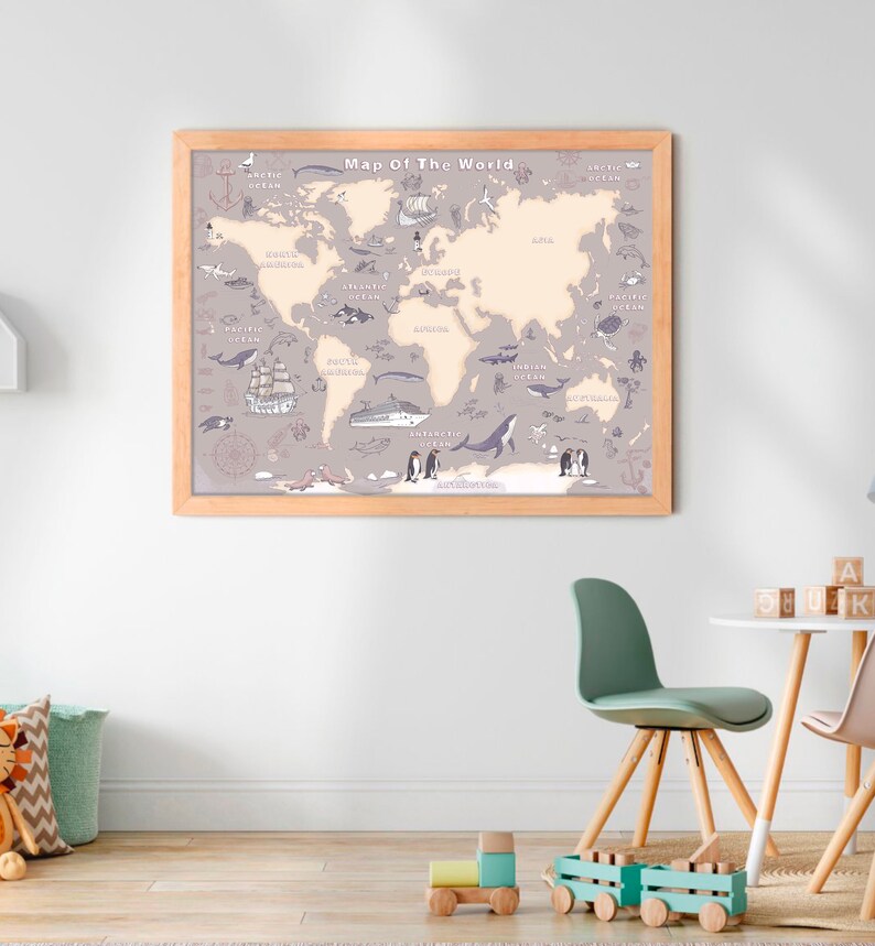 Animal World Map Playroom Kids World Map Poster Printable Etsy