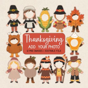May include: A collection of twelve Thanksgiving-themed character cutouts with blank face areas for photo insertion, featuring figures like a pilgrim, corn, turkey, leaf, pumpkin, and pie, with a central red sign reading Thanksgiving ADD YOUR PHOTO.