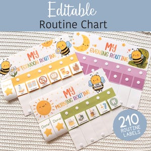 May include: Three colorful routine charts with the text "Editable Routine Chart". Each chart features a different time of day: morning, afternoon, and evening. The charts have illustrations of bees, suns, and moons, with the text "210 Routine Labels".