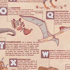 Puede incluir: Un gr&aacute;fico ilustrado que presenta varios animales extintos, incluyendo el Tyrannosaurus Rex, el Quetzalcoatlus, el mamut lanudo y el Xenoceratops. Cada animal est&aacute; representado por una letra y una breve descripci&oacute;n de sus caracter&iacute;sticas. El gr&aacute;fico est&aacute; dise&ntilde;ado para ser educativo e informativo.