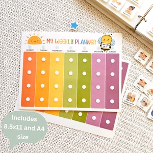 May include: A colorful weekly planner with a sun and bee graphic. The planner includes the text "MY WEEKLY PLANNER" and the days of the week. It has columns in orange, yellow, green, pink, and purple with white dots. The text "Includes 8.5x11 and A4 size" is also visible.