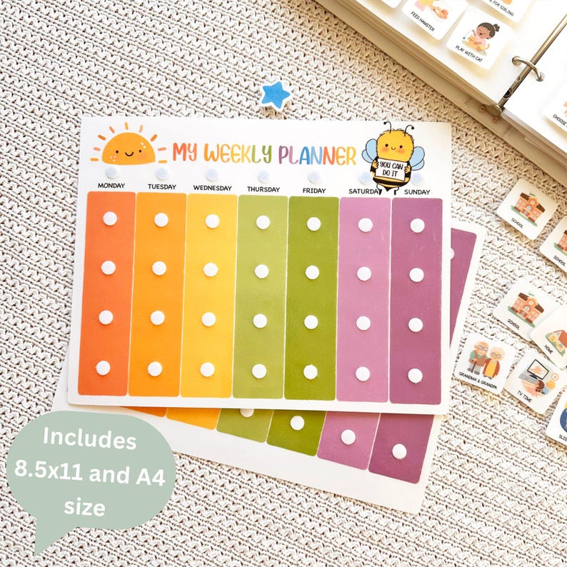 May include: A colorful weekly planner with a sun and bee graphic. The planner includes the text "MY WEEKLY PLANNER" and the days of the week. It has columns in orange, yellow, green, pink, and purple with white dots. The text "Includes 8.5x11 and A4 size" is also visible.