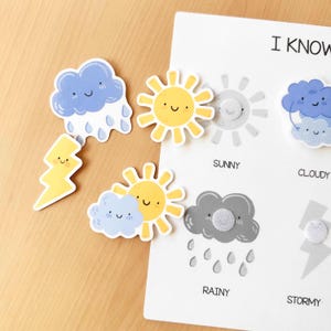 May include: A weather chart with illustrated weather symbols, including a smiling sun, rain cloud, and lightning bolt. The chart has the words "Sunny", "Cloudy", "Rainy", and "Stormy". The illustrations are colorful and child-friendly.