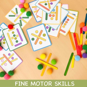 Popsicle Stick and Pom Pom Activity Fine Motor Skills Color Sorting Pattern Activity for Kids Occupational Therapy Toddler Activities