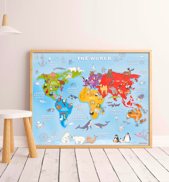 Animal World Map Poster Homeschool Montessori Materials Educational Playroom Downloadable Prints