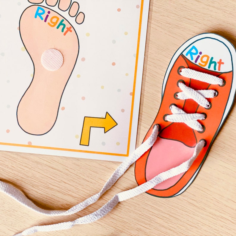 May include: A red and white shoe with white laces and the word "Right" written on it. The shoe is connected to a white string that leads to a white foot outline with the word "Right" written on it. The foot outline is on a white background with colorful dots.
