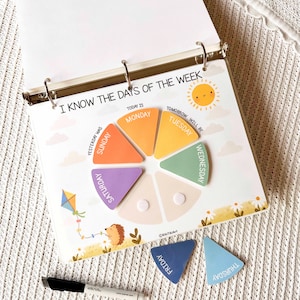 May include: A children's educational binder with the text "I KNOW THE DAYS OF THE WEEK". The binder features a colorful wheel with the days of the week, a smiling sun, and a kite illustration. Includes two magnetic day-of-the-week markers and a black marker.