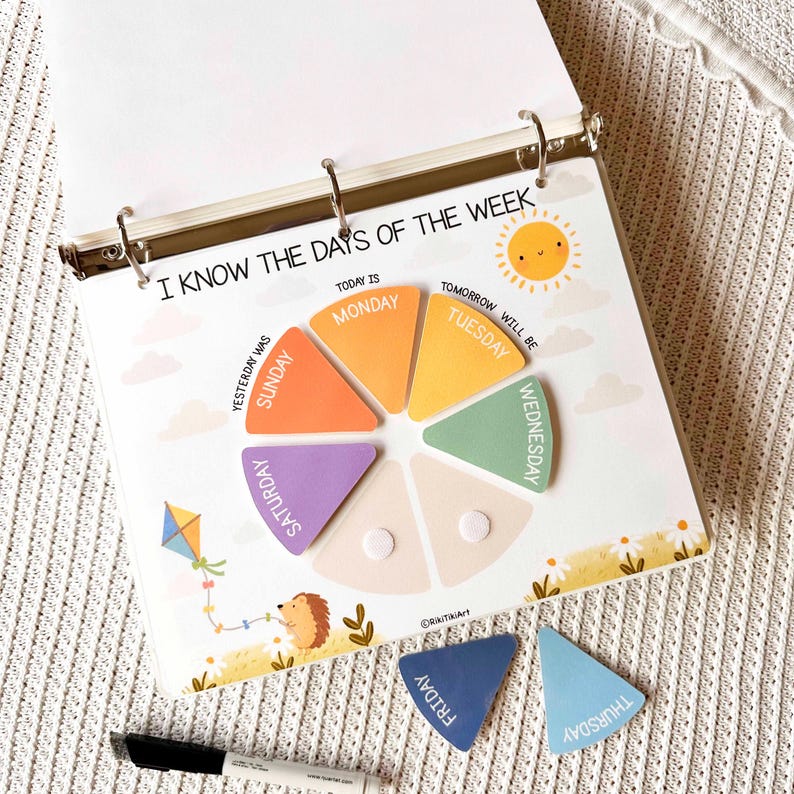 May include: A children's educational binder with the text "I KNOW THE DAYS OF THE WEEK". The binder features a colorful wheel with the days of the week, a smiling sun, and a kite illustration. Includes two magnetic day-of-the-week markers and a black marker.