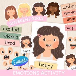 Attività stampabili sulle emozioni per bambini, attività per la scuola materna e per i più piccoli, schede didattiche per bambini, tabella educativa delle emozioni - versione per bambine