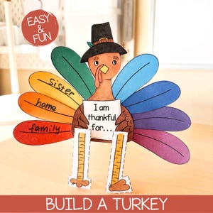 Puede incluir: Un pavo de papel con un sombrero negro y una cola colorida con plumas naranjas, amarillas, verdes, azules y moradas. El pavo sostiene un cartel que dice "I am thankful for..." con las palabras escritas a mano "sister," "home," y "family."