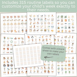 May include: A collection of illustrated routine labels for children, featuring various activities and icons. The image includes text that reads "Includes 315 routine labels so you can customize your child's week exactly to their needs." and "Comes with a blank sheet to make your own labels."