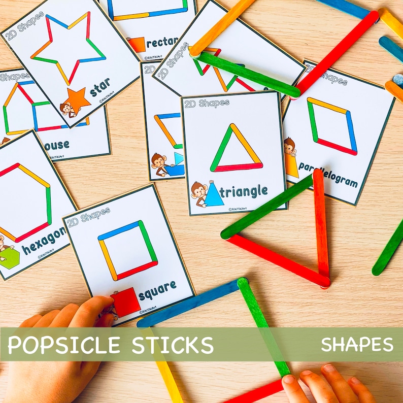 Popsicle Sticks Formen Aktivitätsspiel für Kleinkinder Montessori druckbare Aktivitäten Vorschule Ausdrucke für Kinder Homeschool Ressourcen Bild 1