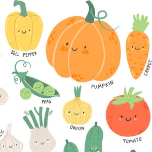 May include: A whimsical illustration of various vegetables with smiling faces. Includes a yellow bell pepper, an orange pumpkin, a carrot, peas, an onion, and a tomato. The word "Pumpkin" is written below the pumpkin.