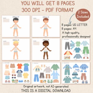 May include: Digital download featuring printable dress-up dolls and seasonal clothing. Includes four dolls with different skin tones and various clothing options for summer, fall, spring, and winter. The text says "You will get 8 pages".