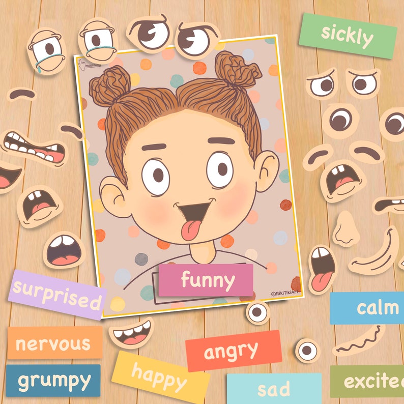 Emotions Activity for Kids Girl Version Printable Toddler Feeling Chart Quiet Book Page Preschool Homeschool Pre-K Learning Matching Game zdjęcie 4
