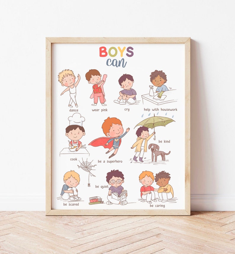 May include: A colorful illustration of boys doing different activities with the text "BOYS can" at the top. The activities include dancing, wearing pink, crying, helping with housework, cooking, being a superhero, being scared, being quiet, being kind, and being caring.