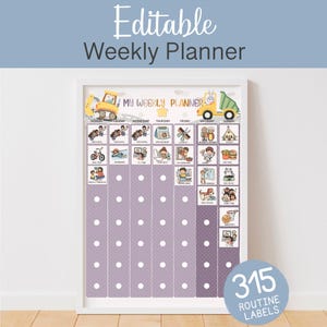 Könnte beinhalten: Ein gerahmter "Editierbarer Wochenplaner" mit einem lila Hintergrund mit weißen Punkten. Der Planer zeigt illustrierte tägliche Aktivitäten und den Text "MY WEEKLY PLANNER". Enthält 315 Routineetiketten.