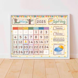 May include: A printable calendar for May 2025 with a yellow background and white polka dots. The calendar features a colorful banner with the word "May" and a cartoon tree. The season is "Spring" and the weather is "Partly Cloudy".